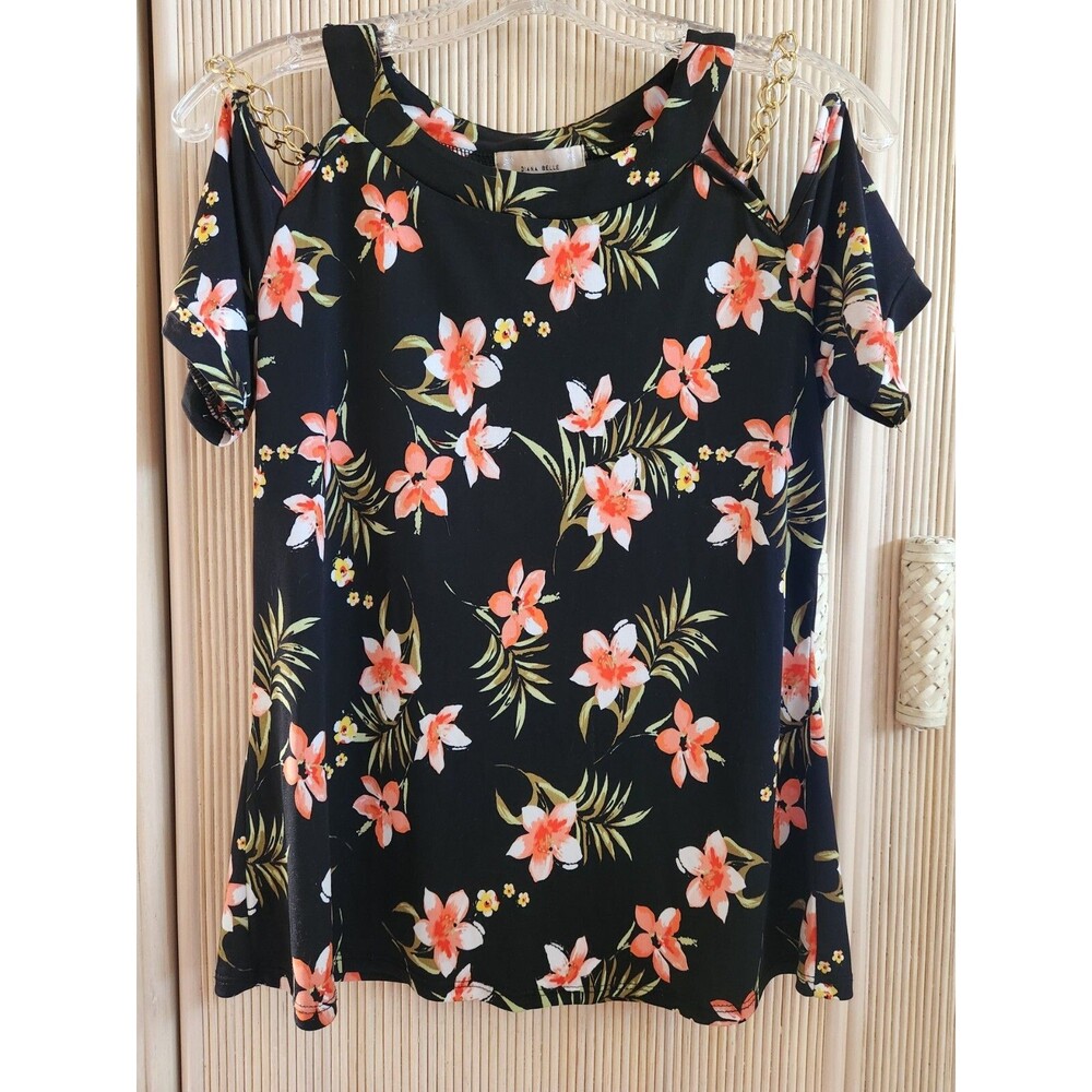 Diane Belle Women's Top Sz S Black Tropical Floral Cold-Shoulder Chain Pullover